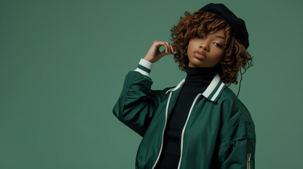 Fototapeta premium stylish woman posing confidently with her hand on her hat, wearing a green jacket with white details, against a matching green background