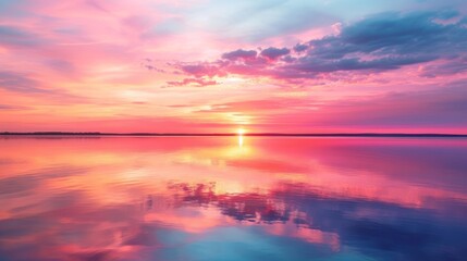 Fototapeta na wymiar A serene summer sunset, with hues of pink, orange, and purple painting the sky, reflecting on a calm lake 