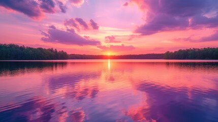 Fototapeta na wymiar A serene summer sunset, with hues of pink, orange, and purple painting the sky, reflecting on a calm lake 