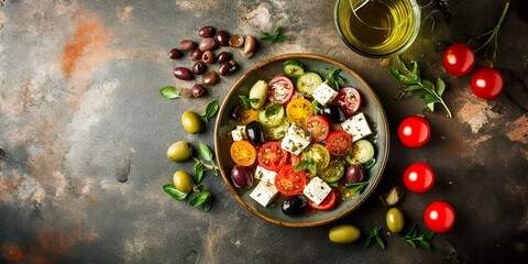 minimalistic design Greek salad with fresh vegetables, feta cheese, kalamata olives, dried oregano, red wine vinegar and olive oil. Healthy food.