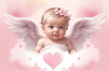 Fototapeta premium Watercolor-pencil drawing of an angel baby with wings and clouds on a pink blurred background, banner