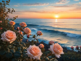 sunset on the sea and bushes with roses