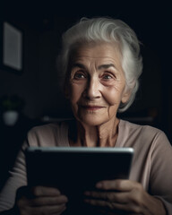 Isolated portrait of a lonely older woman in a cozy home, having a video call on her tablet