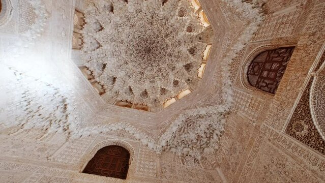 The Alhambra Palace - Star-shaped muqarna ceiling of the Hall of the Abencerrages, Palace of the Lions Nasrid Palace, Granada, Andalucia, Spain