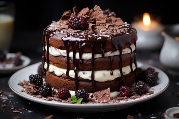 Vertical photo of a delicious naked chocolate cake with chocolate balls and cream , generative IA