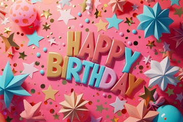 happy birthday lettering on pink background with stars and dots Generative AI