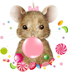 putzige Maus mit rosa Kaugummi und Süßigkeiten