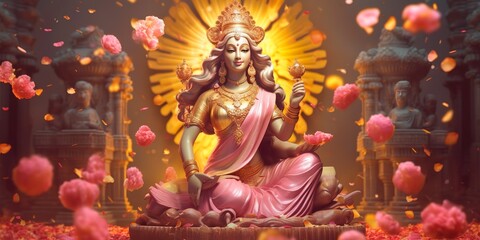 Hindu Goddess Lakshmi with flowing hair and saree made of marble, blossoming beautiful golden and colorful pink flowers,