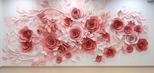 A three-dimensional abstract mural, where swirling patterns and textures are beautifully contrasted with roses and white blooms