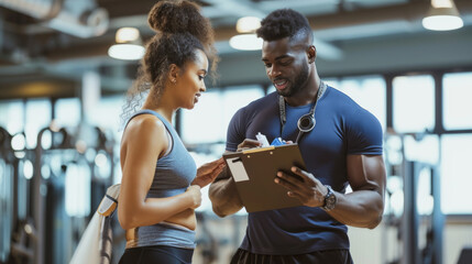 personal trainer is discussing a workout plan with a female client in a gym
