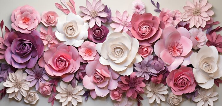 A three-dimensional mural, artfully combining abstract textures with the beauty of blooming roses and white flowers