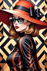 The image features a woman wearing a wide-brimmed red hat with a black ribbon, sunglasses, and a black and red striped shirt. She has red lipstick and her hair is in waves.