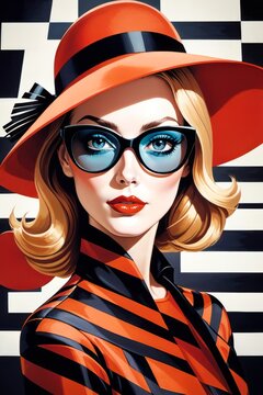 The image features a woman wearing a wide-brimmed red hat with a black ribbon, sunglasses, and a black and red striped shirt. She has red lipstick and her hair is in waves.