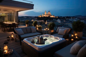 Luxurious terrace with jacuzzi and night view., generative IA - obrazy, fototapety, plakaty