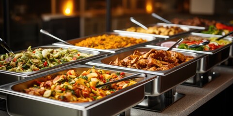 Buffet food in heated trays at hotel restaurant.