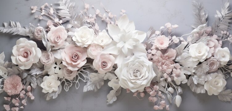 A visually striking 3D , blending abstract art with lifelike roses and white florals, set against a contemporary background