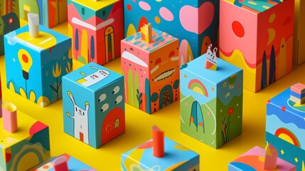 Vibrant and colorful toy packaging designed to captivate childrens imagination and creativity