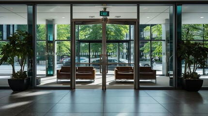 Glass door entrance to a large apartment hotel, the material is wood and steel,