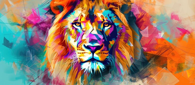 Abstract Hand drawn digital painting of lion animal with colorful geometric shapes. Generated AI