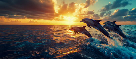 Playing dolphins jumping out of the sea, beautiful summer sunset, invitation to a yacht cruise in...
