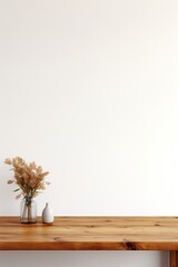 Empty wooden amber table over white wall background