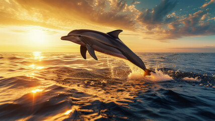 Dolphin jumping out of the sea, beautiful summer sunset, invitation for a yacht tour in the...