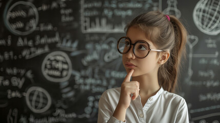 thoughtful young student standing in front of a blackboard filled with complex scientific formulas