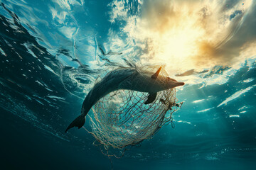Dolphin underwater entangled in a fishing net at sea, pollution problems affecting the life of wild animals.