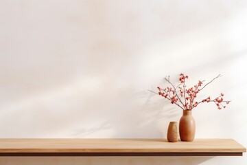 Empty wooden beige table over white wall background