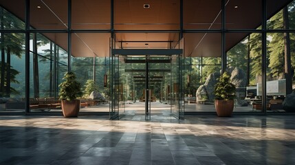 Glass door entrance to a large apartment hotel, the material is wood and steel,