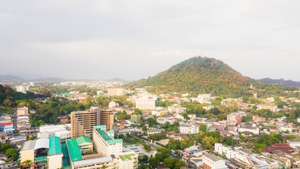 Obraz premium Aerial view, drone flying over Phuket city, Thailand. Drone over SinoPortugyese It's a Sunday in Phuket and tourists go shopping on the old streets filled with local merchants selling food and clothes
