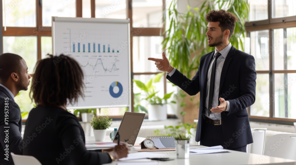 Poster business presentation taking place with a well-dressed man pointing at a chart on a display board wh