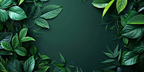 Lush Green Leaves on Dark Background with Copy Space - obrazy, fototapety, plakaty