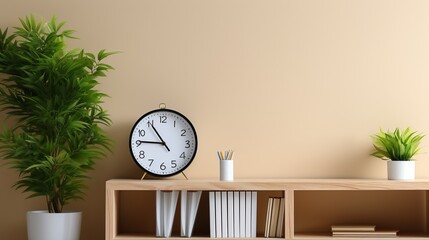 Front view of minimal desk with clock, books and ivy plant on a bookshelf against white wall.
