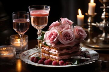 A beautiful three layer cake with rose ornaments and champagne bowls on the table, generative IA