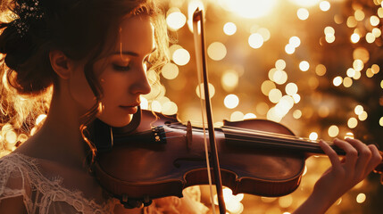 A girl playing the violin against the blurred lights of the fireworks scene