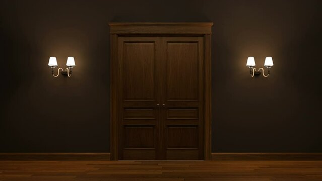 Doors opening to the white room. 3d render animation of opening doors. Isolated, green chroma key, luma matte included 