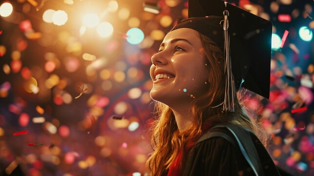 Beautiful young smiling woman at a graduation ceremony wearing academic professor hat.