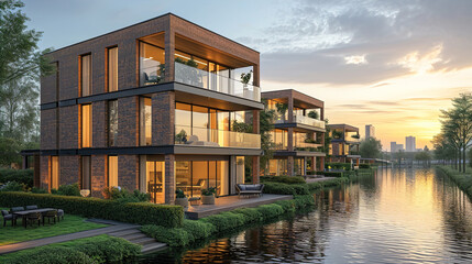 Fototapeta premium A New Residential Area with Condominiums and Apartments Properties by the Waterfront in Offenbach Main Harbor 