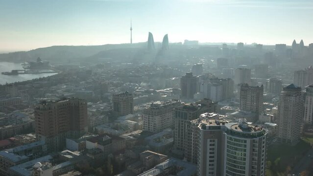 Aerial view of Baku, the capital of Azerbaijan, captured by a drone