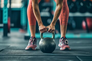 Naklejka premium A powerful image capturing a determined woman deadlifting a kettlebell from the ground at the gym, showcasing strength, fitness, and weightlifting prowess