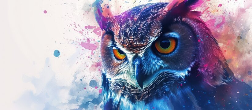 Abstract colorful watercolor Owl bird portrait with double exposure painting style. Generated AI