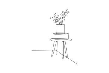 Single continuous line drawing of mini table and flower vase. Luxurious interior. interior decoration minimalist concept. Bedroom. Very cozy rooms. Staycation. One line design vector illustration
