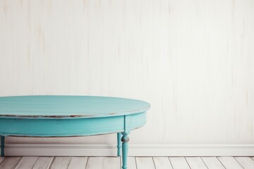 Empty wooden cyan table over white wall background