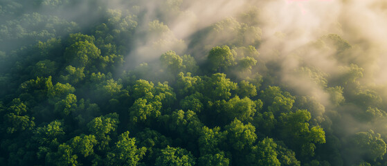 Aerial View of Sun-Kissed Trees Shrouded in Mist: The Ethereal Dance of Light and Nature - obrazy, fototapety, plakaty