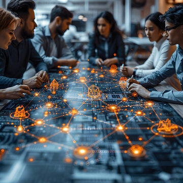 Group Of Professionals Discussing Over A Blockchain Network Diagram Isolated On White Background, Sketch, Png
