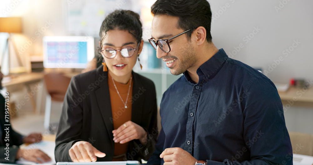 Poster Office, business people and brainstorming with planning, tablet and teamwork with internet, connection and cooperation. Staff, man and woman with technology, digital app and collaboration with ideas