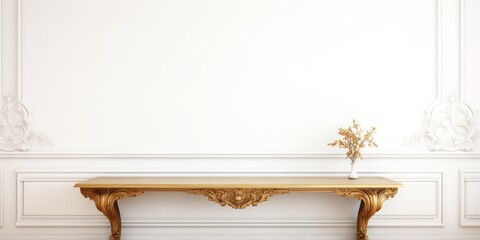 Empty wooden gold table over white wall background