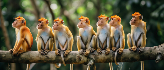 A Captivating Lineup of Proboscis Monkeys Perched on a Tree Branch in the Wild - obrazy, fototapety, plakaty