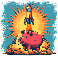 A rocket ship launching from a piggy bank, illustrating rapid financial growth isolated on white background, pop-art, png
